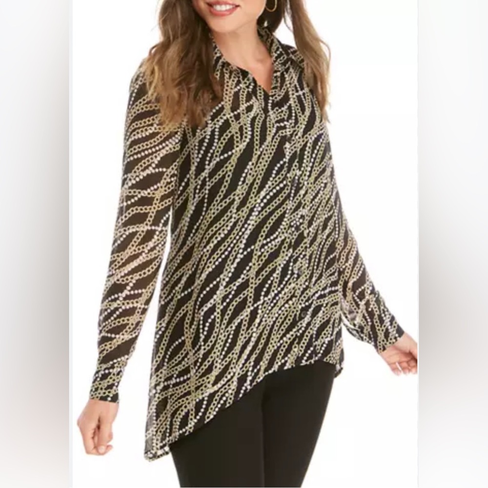 Michael Michael Kors Women’s Sheer Button Down Top SzS  Chain Pearl Print